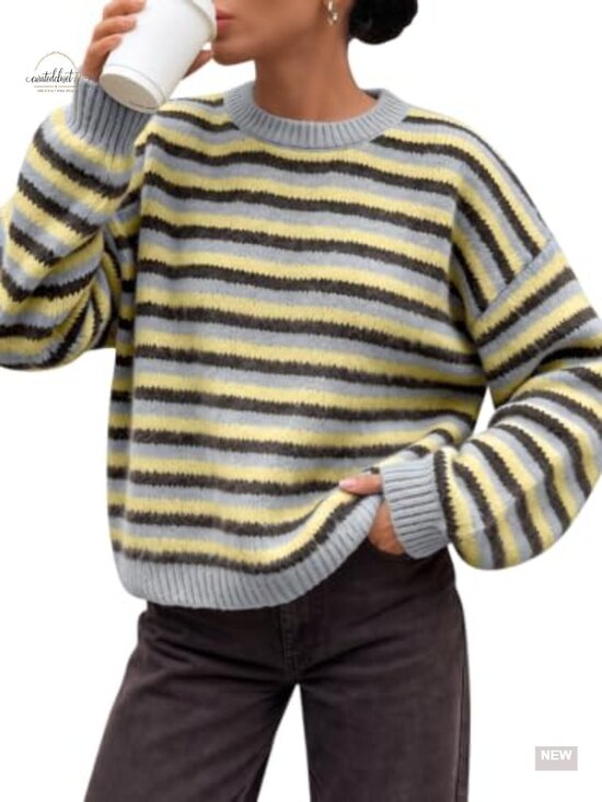 Sweaters - Women's Striped Oversized Knit Pullover Sweater Crew Neck Long Sleeve